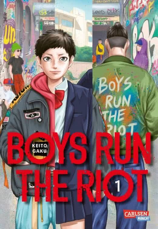 Titel-Cover des ersten Bandes von der deutschen Ausgabe des japanischen Mangas "Boys Run the Riot". In urbaner Graffiti-Umgebung sind die beiden Hauptfiguren von vorne bzw. hinten zu sehen. Die Figur links ist ein trans Junge, an dessen Körper eine Collage aus mehreren Kleidungen zu sehen ist: sein jugendlicher, männlich lesbarer Freizeit-Look und eine Schuluniform für Mädchen. (Bild: CARLSEN/Kodansha)