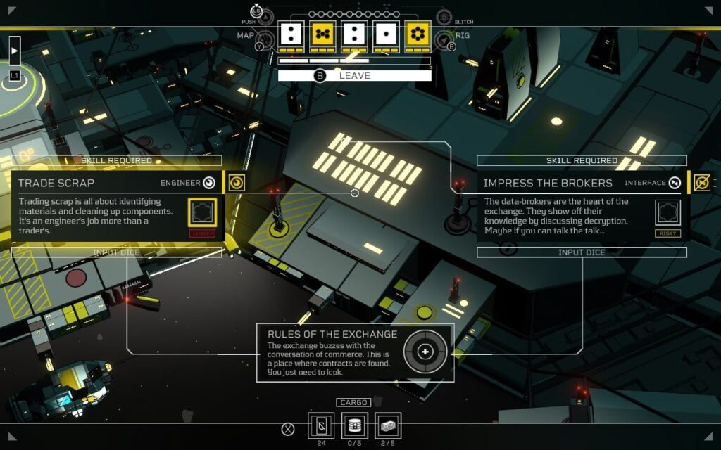 Screenshot aus dem Videospiel „Citizen Sleeper 2: Starward Vector“: Raumstation im All mit Texttafeln und klickbaren Feldern. (Bild: Fellow Traveller Games)