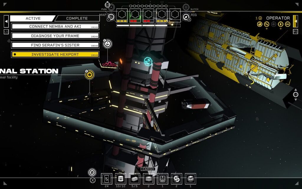 Screenshot aus dem Videospiel „Citizen Sleeper 2: Starward Vector“: Raumstation im All mit Texttafeln und klickbaren Feldern. (Bild: Fellow Traveller Games)