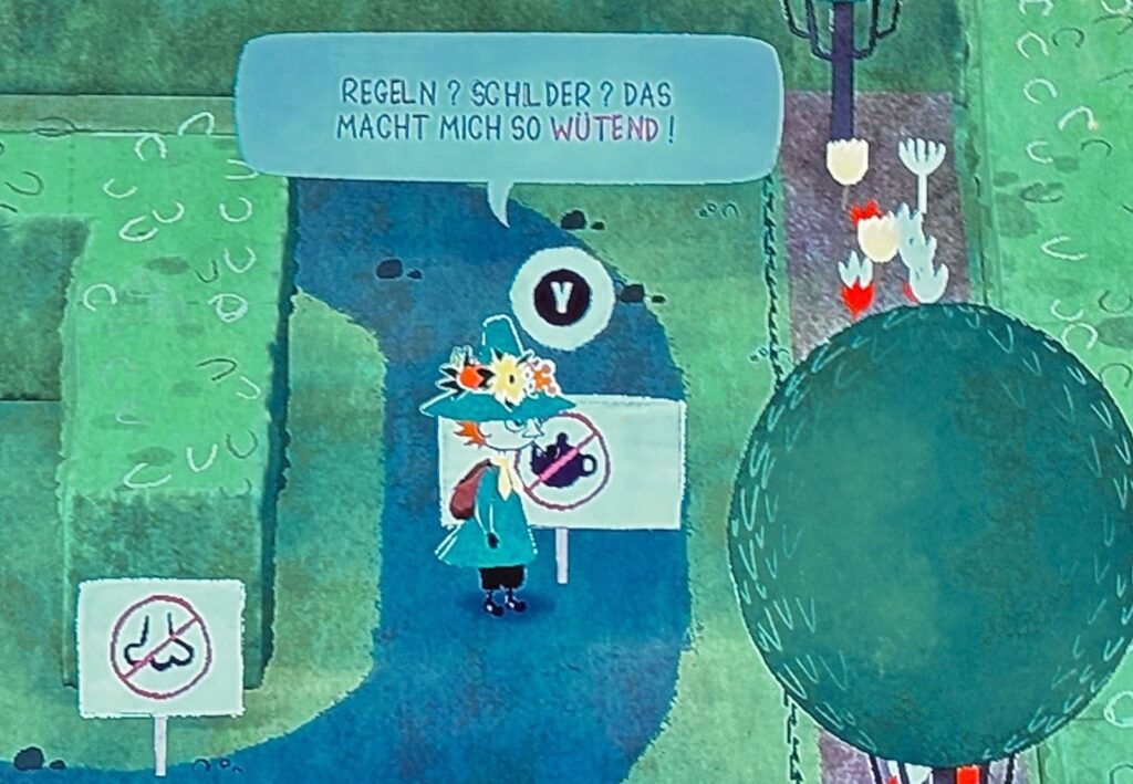 Die Figur Schnupferich steht vor einem Verbotsschild. Dazu ist in einer Sprechblase über ihm zu lesen: Regeln? Schilder? Das macht mich so wütend!