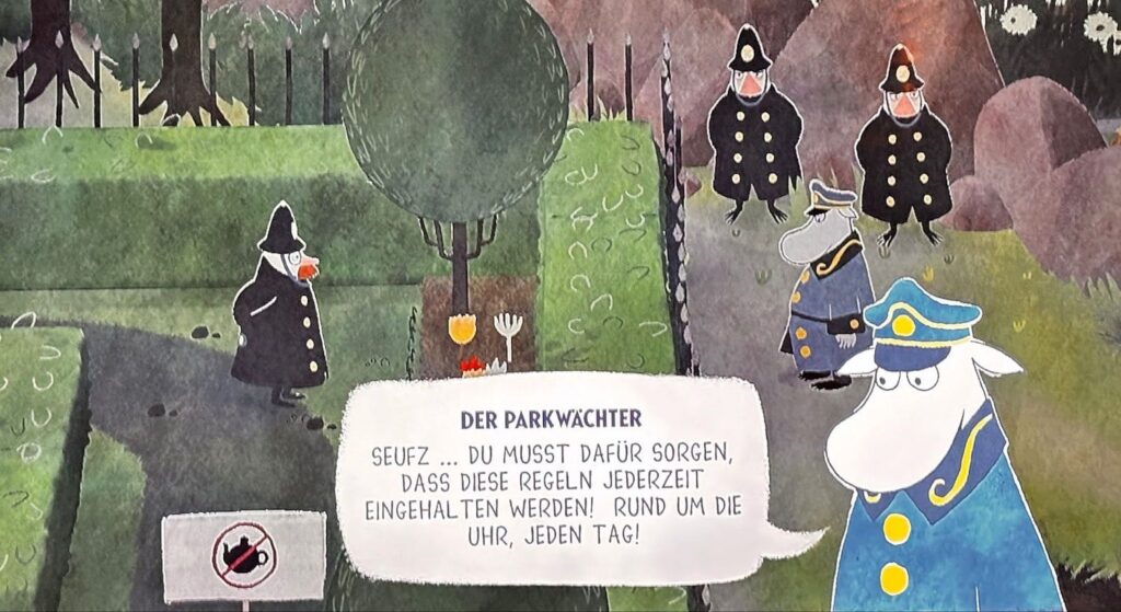 Eine Gruppe von Polizisten-Figuren steht in einem Park. Der Anführer (der Parkwächter) sagt zu einem Untergebenen: Seufz! Du musst dafür sorgen, dass diese Regeln jederzeit eingehalten werden! Rund um die Uhr, jeden Tag!