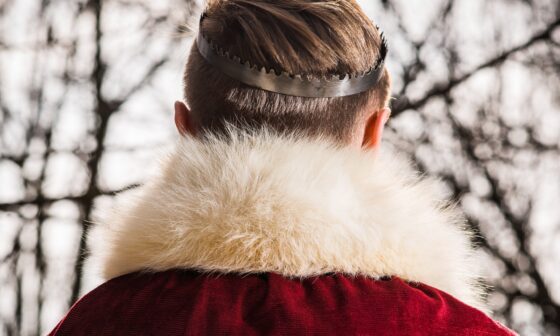 Titelbild: Ein*e König*in ist von hinten zu sehen. Sie*er trägt eine kleine Krone, einen roten Mantel mit weißem Pelzkragen und hat kurze, blonde Haare. Im Hintergrund sind verschwommen Äste zu sehen. (Foto: Pawel Furman auf Unsplash)