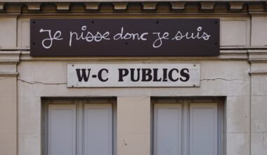 Eingang einer öffentlichen Toilette in Frankreich. Auf Französisch steht über dem WC-Schild "Ich pisse, also bin ich." (Foto: Tina Bosse auf Unsplash)