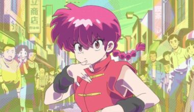 Anime-Bild aus dem Remake von „Ranma ½“: In seiner weiblichen Form steht die Figur Ranma in Kampfpose auf einer belebten Straße, mit Menschen und Häusern im Hintergrund. (Bild: MAPPA/Netflix)