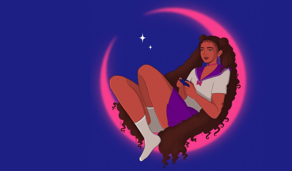 Farbige Zeichnung: Eine Schwarze Frau mit langen Haaren trägt ein Sailor-Moon-Kostüm, sitzt in einem Halbmond und hält einen Gaming-Controller in den Händen. Der Hintergrund ist lila. (Bild: Marie Minkov/Verbrecher Verlag; Ausschnitt Buchcover)
