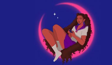 Farbige Zeichnung: Eine Schwarze Frau mit langen Haaren trägt ein Sailor-Moon-Kostüm, sitzt in einem Halbmond und hält einen Gaming-Controller in den Händen. Der Hintergrund ist lila. (Bild: Marie Minkov/Verbrecher Verlag; Ausschnitt Buchcover)