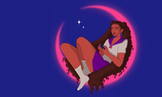 Farbige Zeichnung: Eine Schwarze Frau mit langen Haaren trägt ein Sailor-Moon-Kostüm, sitzt in einem Halbmond und hält einen Gaming-Controller in den Händen. Der Hintergrund ist lila. (Bild: Marie Minkov/Verbrecher Verlag; Ausschnitt Buchcover)