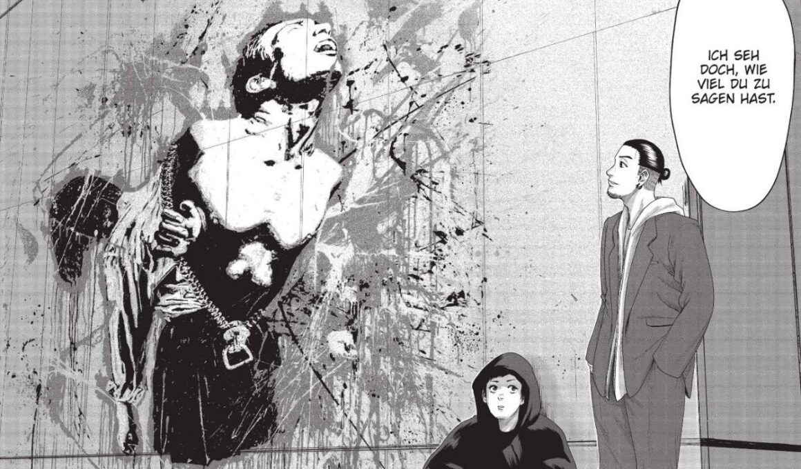 Aus dem ersten Band des Mangas „Boys Run the Riot“: Zeichnung in Grautönen und Schwarz-Weiß, bei der die Hauptfiguren vor einer Wand mit Graffiti zu sehen sind. Eine Figur sitzt, die andere steht. Die sitzende schaut die stehende Figur an, die das Graffiti betrachtet: ein Mensch, der sich schreiend aus einer Kleidung befreit. Die stehende Figur sagt der sitzenden, die das Graffiti geschaffen hat: Ich seh doch, wie viel du zu sagen hast. (Bild: CARLSEN/Kodansha)