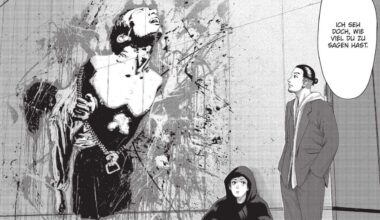 Aus dem ersten Band des Mangas „Boys Run the Riot“: Zeichnung in Grautönen und Schwarz-Weiß, bei der die Hauptfiguren vor einer Wand mit Graffiti zu sehen sind. Eine Figur sitzt, die andere steht. Die sitzende schaut die stehende Figur an, die das Graffiti betrachtet: ein Mensch, der sich schreiend aus einer Kleidung befreit. Die stehende Figur sagt der sitzenden, die das Graffiti geschaffen hat: Ich seh doch, wie viel du zu sagen hast. (Bild: CARLSEN/Kodansha)