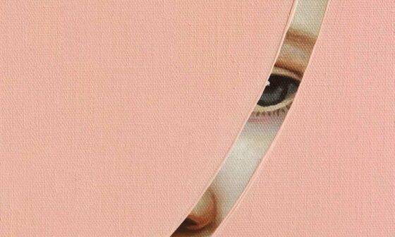 In einem Streifen angedeutetes Gesicht auf rosa Grund. Ausschnitt des Buchcovers von „Die schönste Version“ von Ruth-Maria Thomas. (Bild: Rowohlt)
