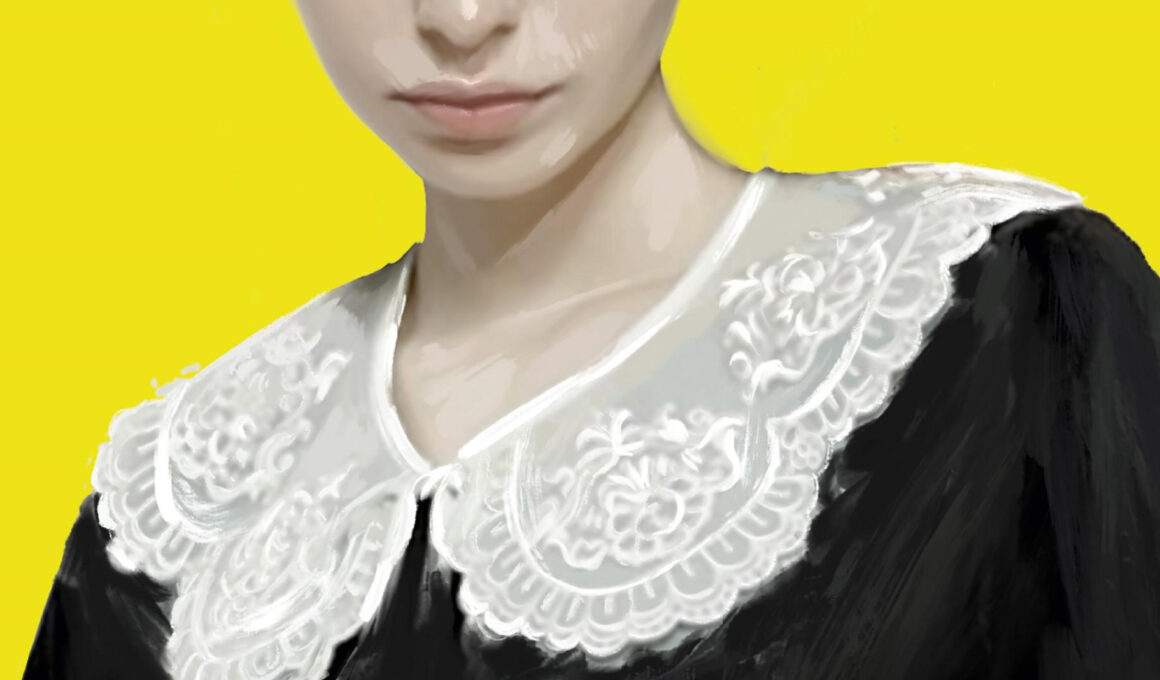 Oberkörper einer Frau in schwarzem Kleid mit weißem Spitzenkragen. Ausschnitt des Buchcovers von „Seltsame Sally Diamond“ von Liz Nugent. (Bild: Steidl)
