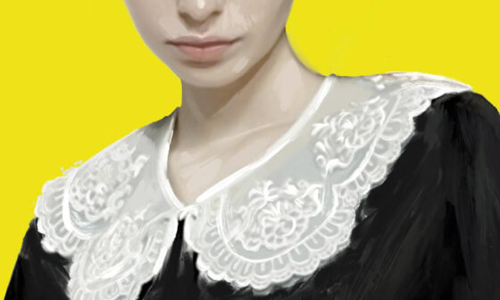 Oberkörper einer Frau in schwarzem Kleid mit weißem Spitzenkragen. Ausschnitt des Buchcovers von „Seltsame Sally Diamond“ von Liz Nugent. (Bild: Steidl)