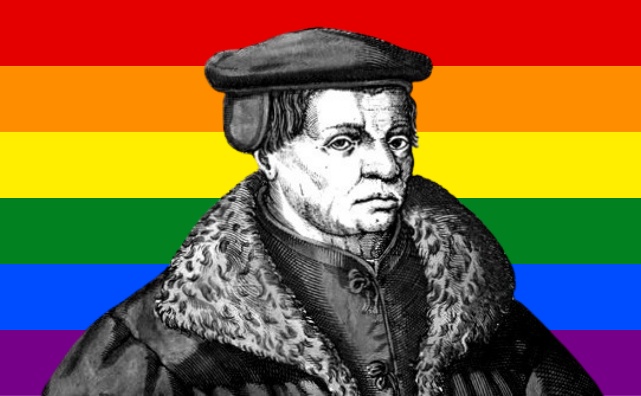Bildmontage: Kupferstich vom Theologen und Revolutionär Thomas Müntzer (Bauernkrieg 1525) vor einer modernen Regenbogenfahne (Bilder: Wikimedia Commons, gemeinfrei)