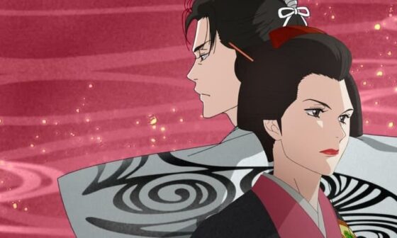 Zwei Hauptfiguren aus der Netflix-Anime-Serie „Ōoku: The Inner Chambers“ stehen Rücken an Rücken in traditioneller japanischer Kleidung. (Bild: Netflix)