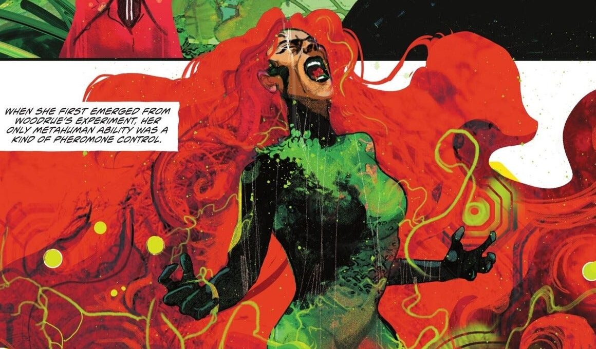 Szene aus einem Comic: In grüner Kleidung und wildem, überdimensioniertem roten Haar hat Poison Ivy die Hände erhoben, den Mund aufgerissen und rast vor Wut. (Bild: DC Comics)