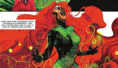 Szene aus einem Comic: In grüner Kleidung und wildem, überdimensioniertem roten Haar hat Poison Ivy die Hände erhoben, den Mund aufgerissen und rast vor Wut. (Bild: DC Comics)