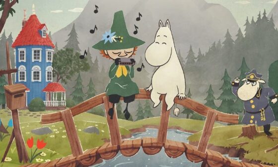 Zwei Figuren aus „Snufkin: Melody of Moominvalley“ sitzen auf einer Holzbrücke. Die linke Figur, die Hauptfigur Schnupferich, spielt auf einer Mundharmonika. Im Hintergrund droht ihnen ein Polizist.