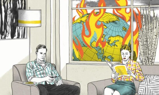 Ausschnitt des Buchcovers von Jens Beckerts Sachbuch „Verkaufte Zukunft: Warum der Kampf gegen den Klimawandel zu scheitern droht“. Comic-artige Zeichnung von zwei Menschen, die lesend und fernsehend in einem Wohnzimmer sitzen, während im Fenster hinter ihnen der in Flammen stehende Planet Erde zu sehen ist. (Bild: Suhrkamp)