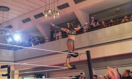 Die Wrestlerin Michelle Green steht mit ausgebreiteten Armen auf einem Ringpfosten, dem Publikum zugewandt. (Foto: vliestext)