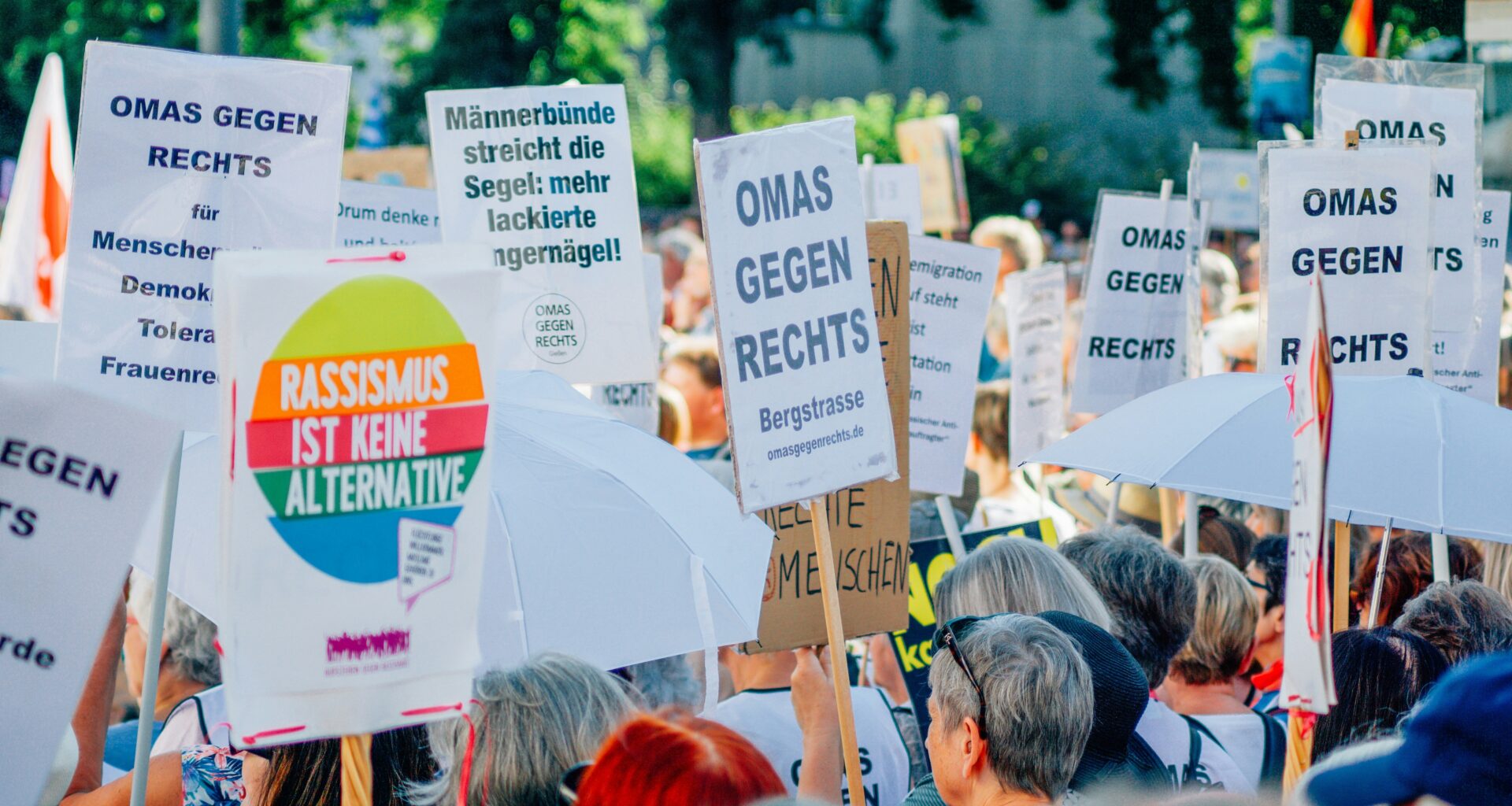 Plakate der "Omas gegen rechts" auf einer Demo in Marburg 2024 (Foto: Christian Lue auf Unsplash)