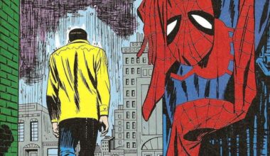Comic-Szene, Großstadt im Regen: Auf einer Straße hängt ein ausgezogener Spiderman-Anzug, im Hintergrund entfernt sich jemand. (Bild: Marvel (aus: Amazing Spider-Man #50)