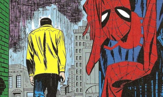 Comic-Szene, Großstadt im Regen: Auf einer Straße hängt ein ausgezogener Spiderman-Anzug, im Hintergrund entfernt sich jemand. (Bild: Marvel (aus: Amazing Spider-Man #50)