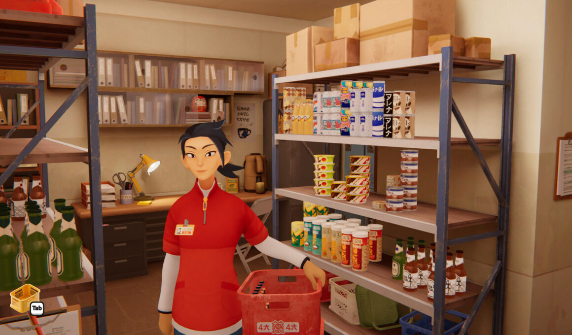 Screenshot aus dem Videospiel „inKONBINI“: Die Figur Makato steht im Lager eines Ladens und schaut Betrachtende an. Sie hält einen Warenkorb. (Bild: Nagai Industries)