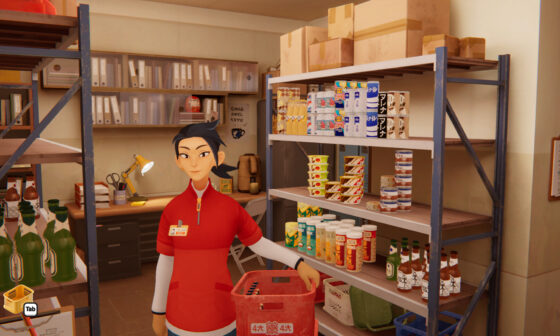 Screenshot aus dem Videospiel „inKONBINI“: Die Figur Makato steht im Lager eines Ladens und schaut Betrachtende an. Sie hält einen Warenkorb. (Bild: Nagai Industries)