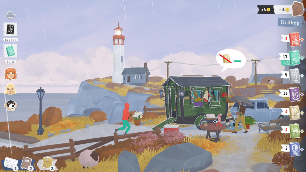 Screenshot aus dem Videospiel „Tiny Bookshop“: Ein mobiler Buchladen steht an einer Küste. (Bild: Neulodic Games)